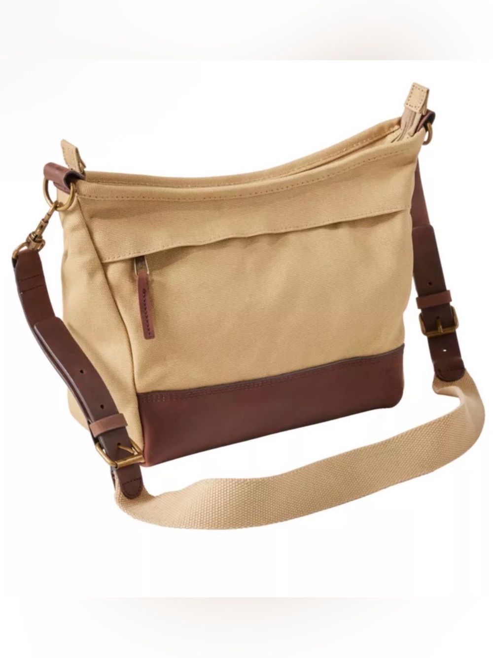 L.L. Bean Beige Stonington Canvas Messenger with Brown Leather Trim